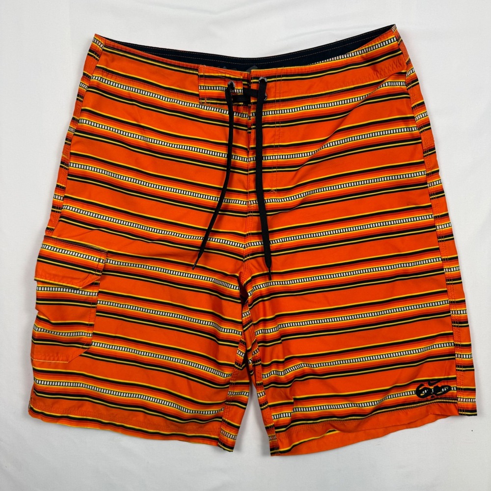 Nike 6.0 Mens 34 Board Shorts Orange Black Striped Cargo Pocket Swim Trunks